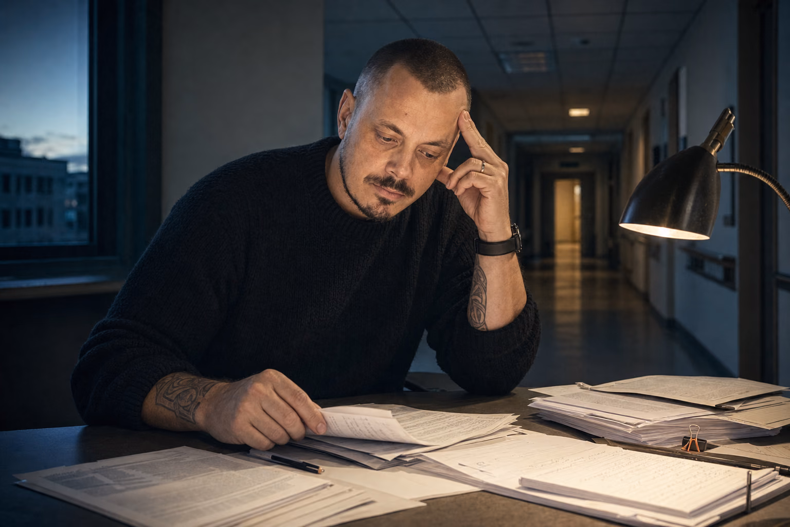 Mikkel Krogsholm arbejder koncentreret med medicinske papirer i en stille korridor om natten.