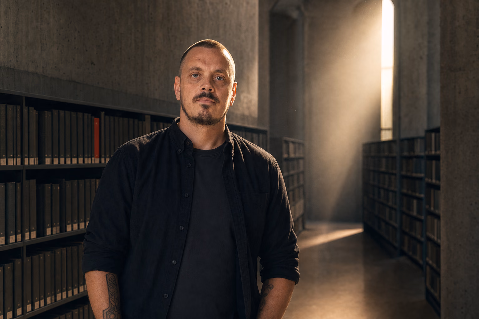 Mikkel Krogsholm i et nordisk arkiv gennemskåret af en varm lysstråle.